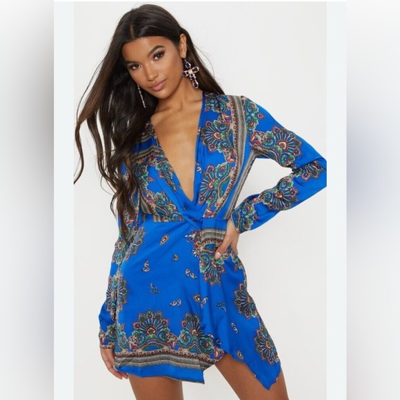 PrettyLittleThing Vibrant Blue Patterned Mini Dress - Picture 1 of 10